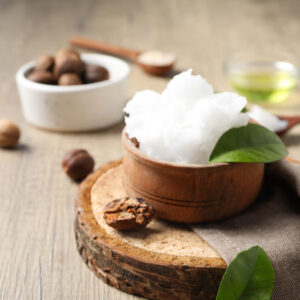 Concept of skin care cosmetics, Shea butter, space for text