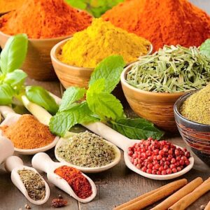 Variety of spices on kitchen table.